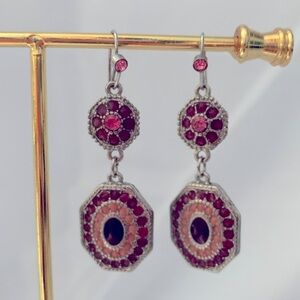 Silver, Pink Enamel & Rhinestone Dangle Earrings